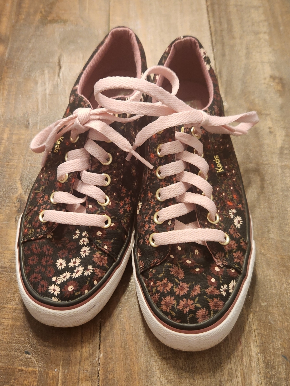 Keds Women's Brown Floral Canvas Sneakers with Pink Laces